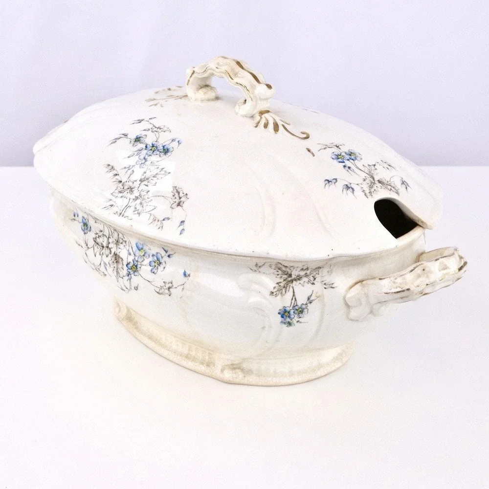 Antique White Ironstone Soup Tureen with Lid - Blue Floral, Hand Signed Base